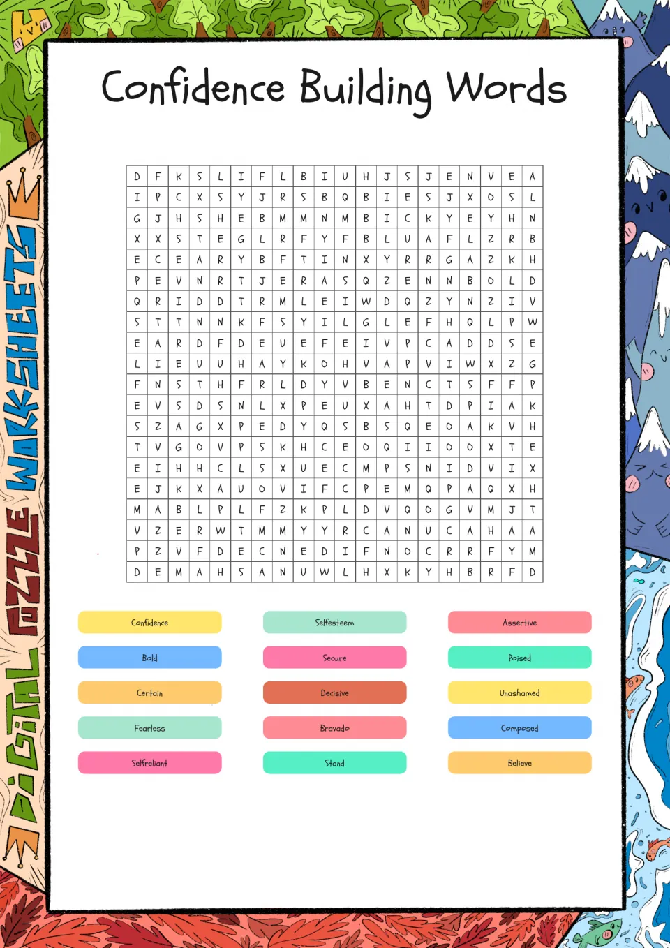 Confidence word search: students find 15 words such as bold, secure, poised, fearless and self-esteem