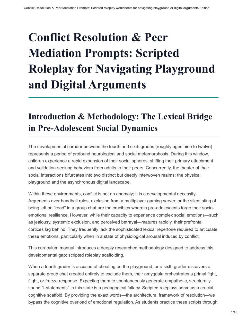 Introduction to the conflict resolution curriculum explains scripted roleplay for playground and digital arguments.