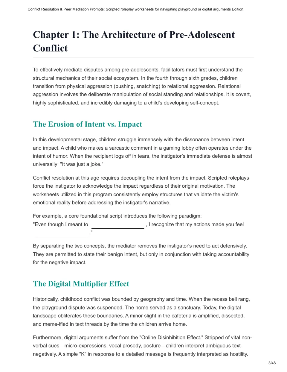 Chapter 1 introduces pre-adolescent conflict, intent versus impact, and how digital communication amplifies disputes.