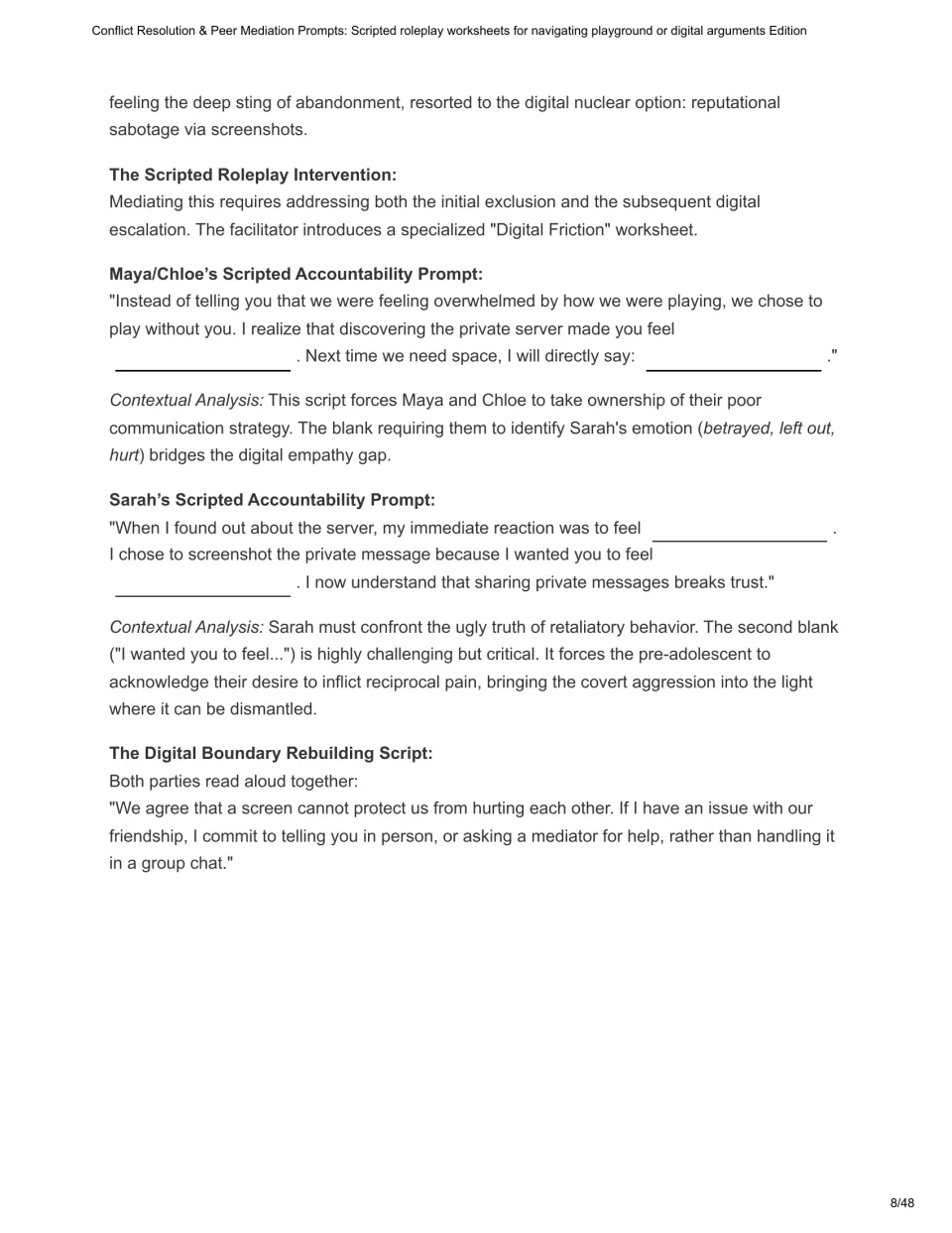 Gaming case study continues with accountability prompts for exclusion and screenshot sharing, plus a boundary script.