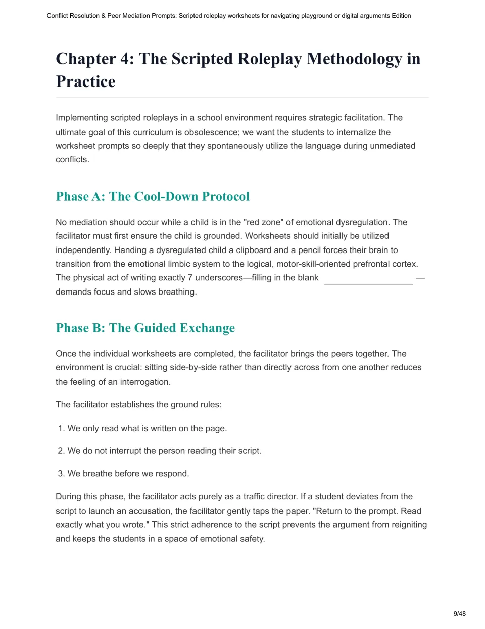 Chapter 4 explains the cool-down protocol and guided exchange, including script reading, listening, and breathing rules.