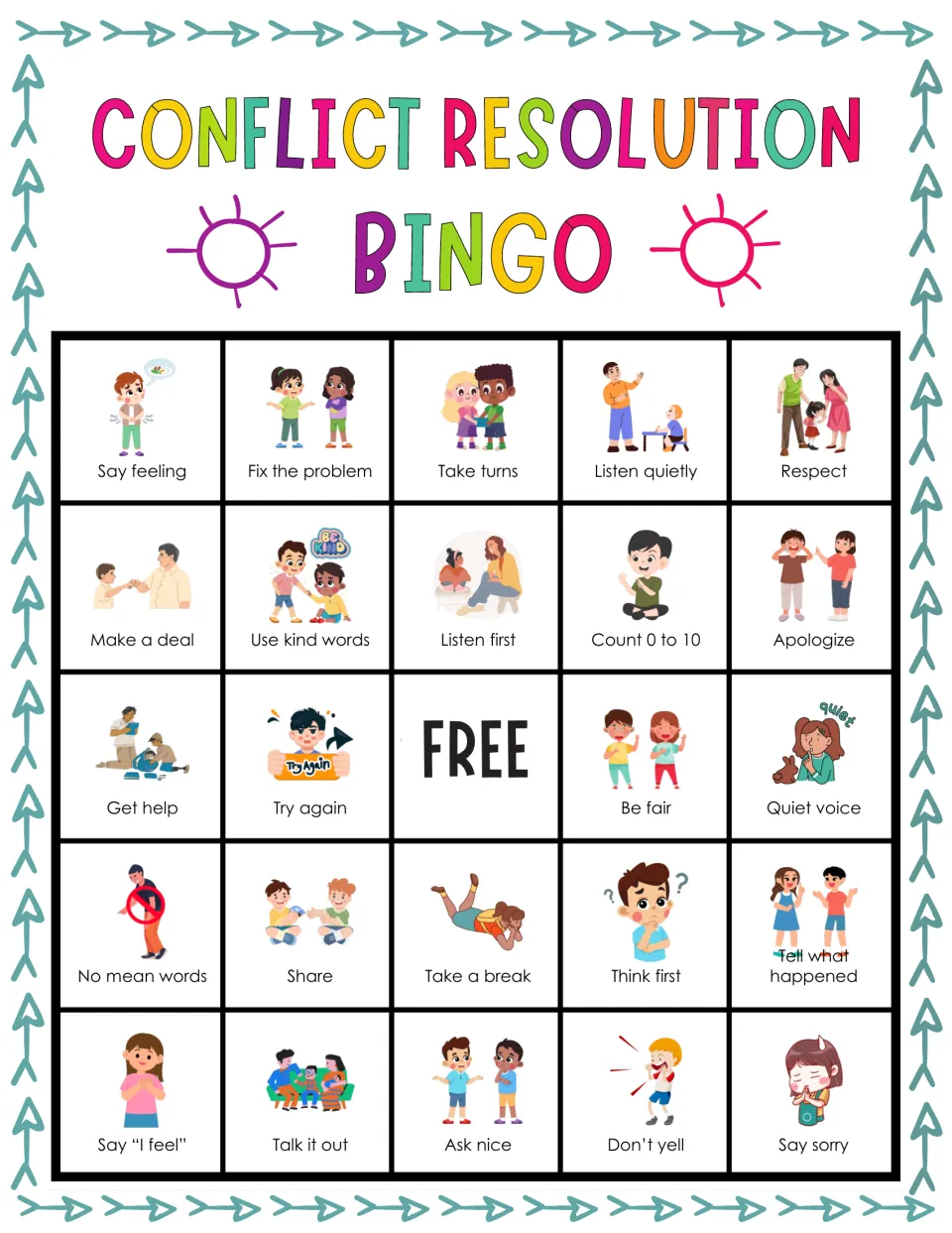 Conflict resolution bingo card: students mark pictured strategies, top row Say feeling, Fix the problem, Take turns
