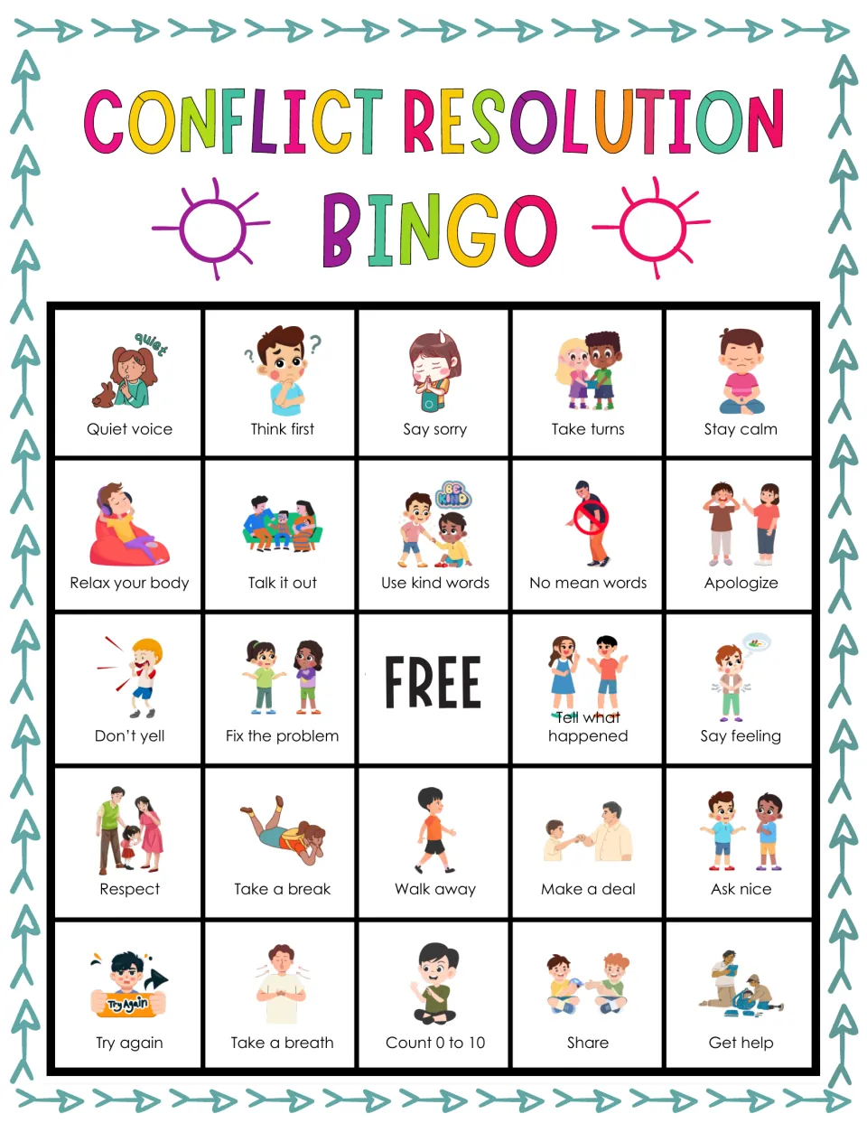 Bingo card of problem-solving steps; players cover Quiet voice, Think first, Say sorry, Stay calm as they are called