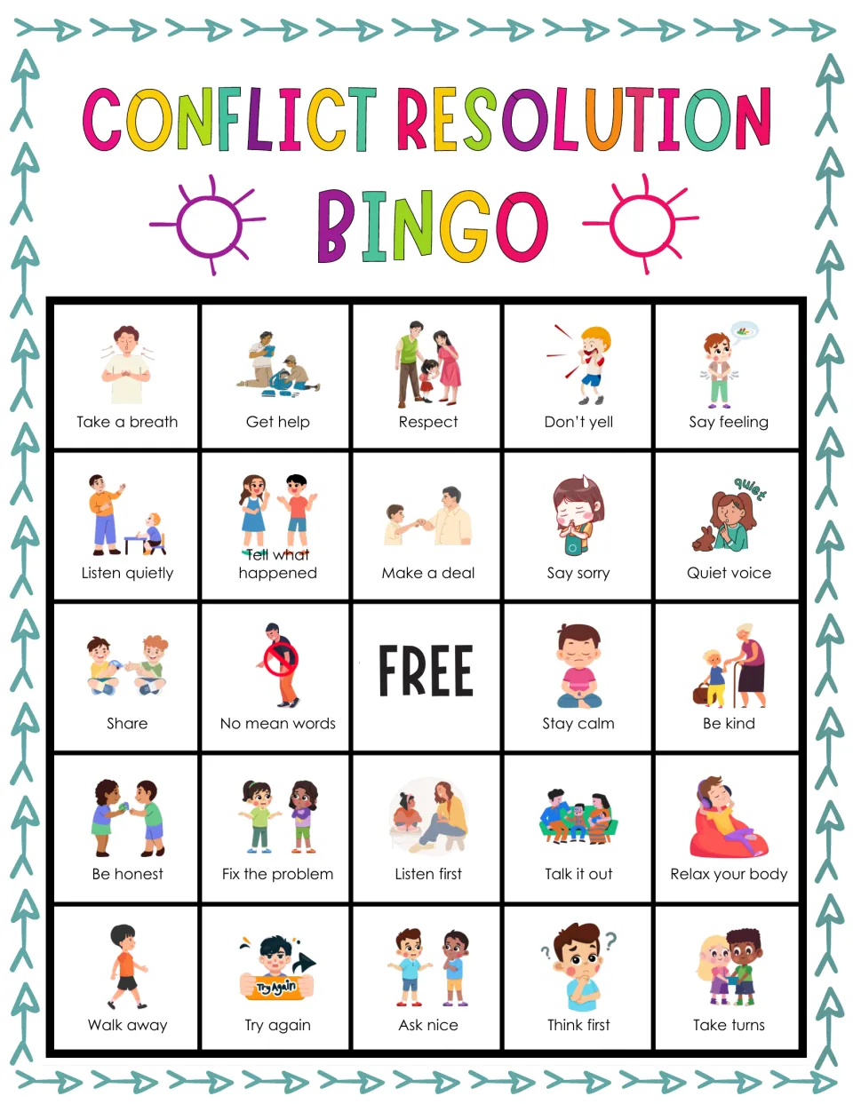 Conflict skills bingo card with actions; students mark Take a breath, Get help, Respect, Don't yell and Say feeling