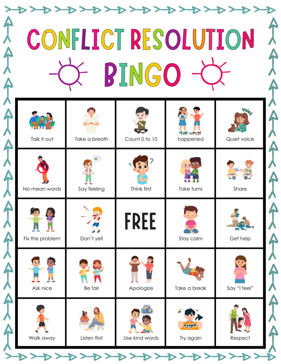 Bingo board of conflict strategies: players mark called squares such as Talk it out, Take a breath and Count 0 to 10