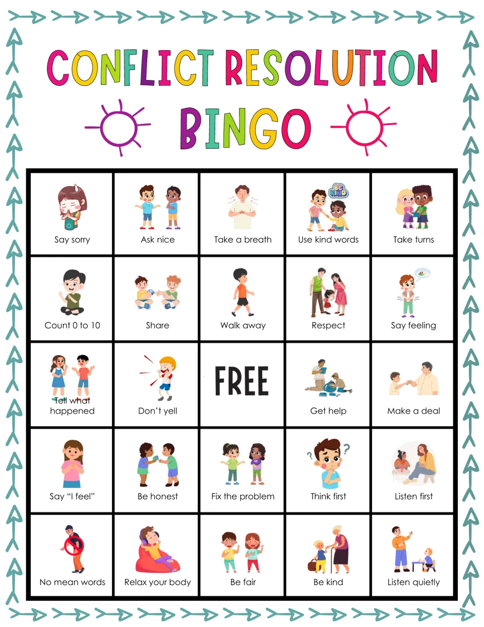 Social skills bingo card for resolving disagreements; students cover Say sorry, Ask nice, Use kind words and Take turns