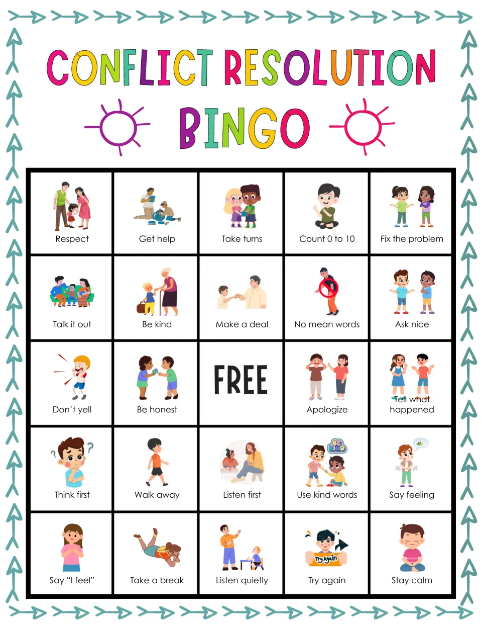 Picture bingo card on solving conflicts: players mark Respect, Get help, Count 0 to 10 and Fix the problem when called