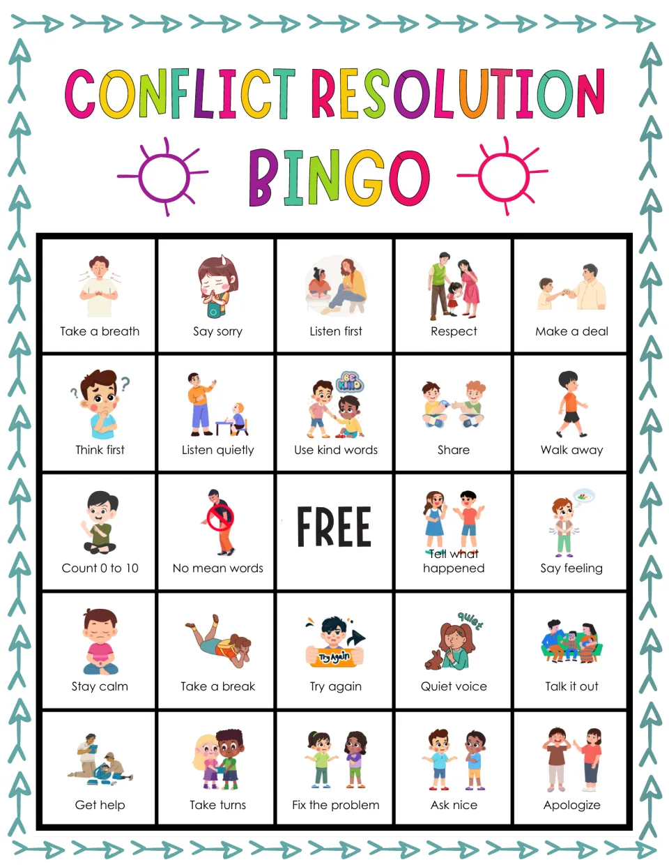 Bingo card with calming choices for conflicts; students mark Take a breath, Say sorry, Listen first, Make a deal