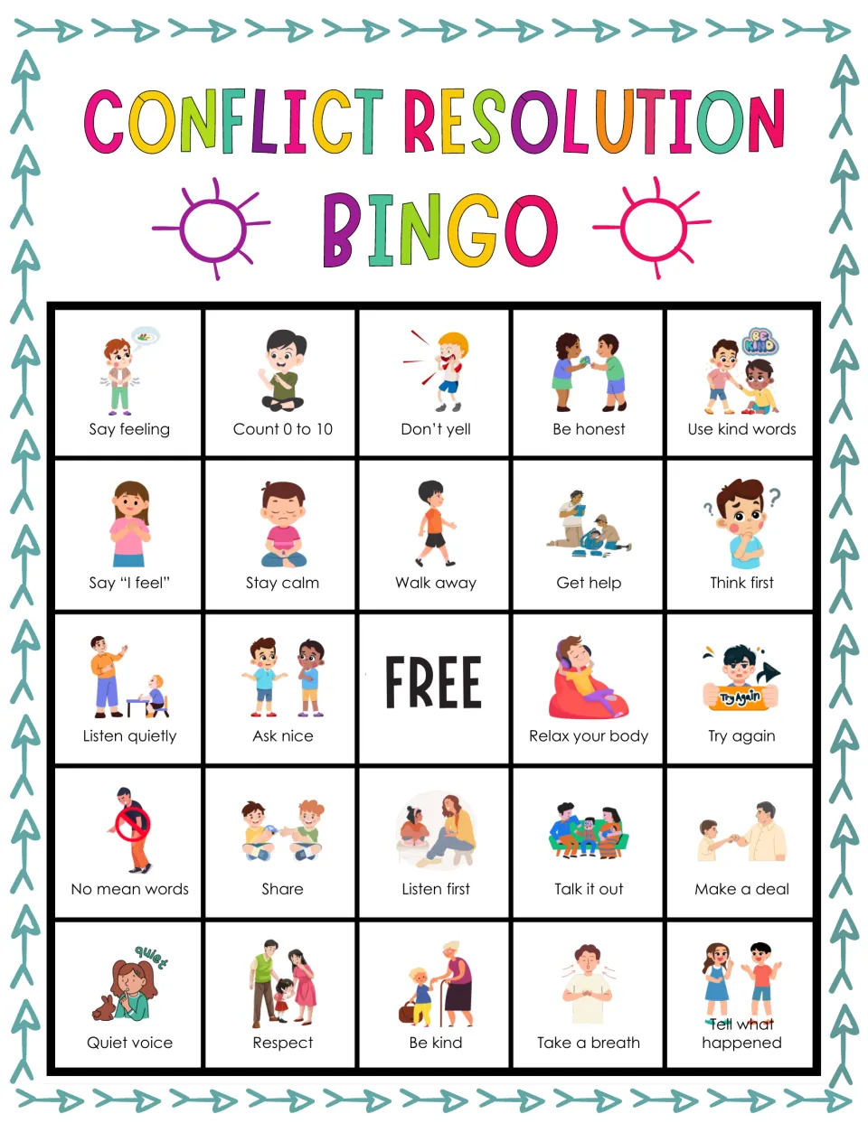 Bingo card of ways to handle a disagreement; players cover Say feeling, Don't yell, Be honest and Use kind words