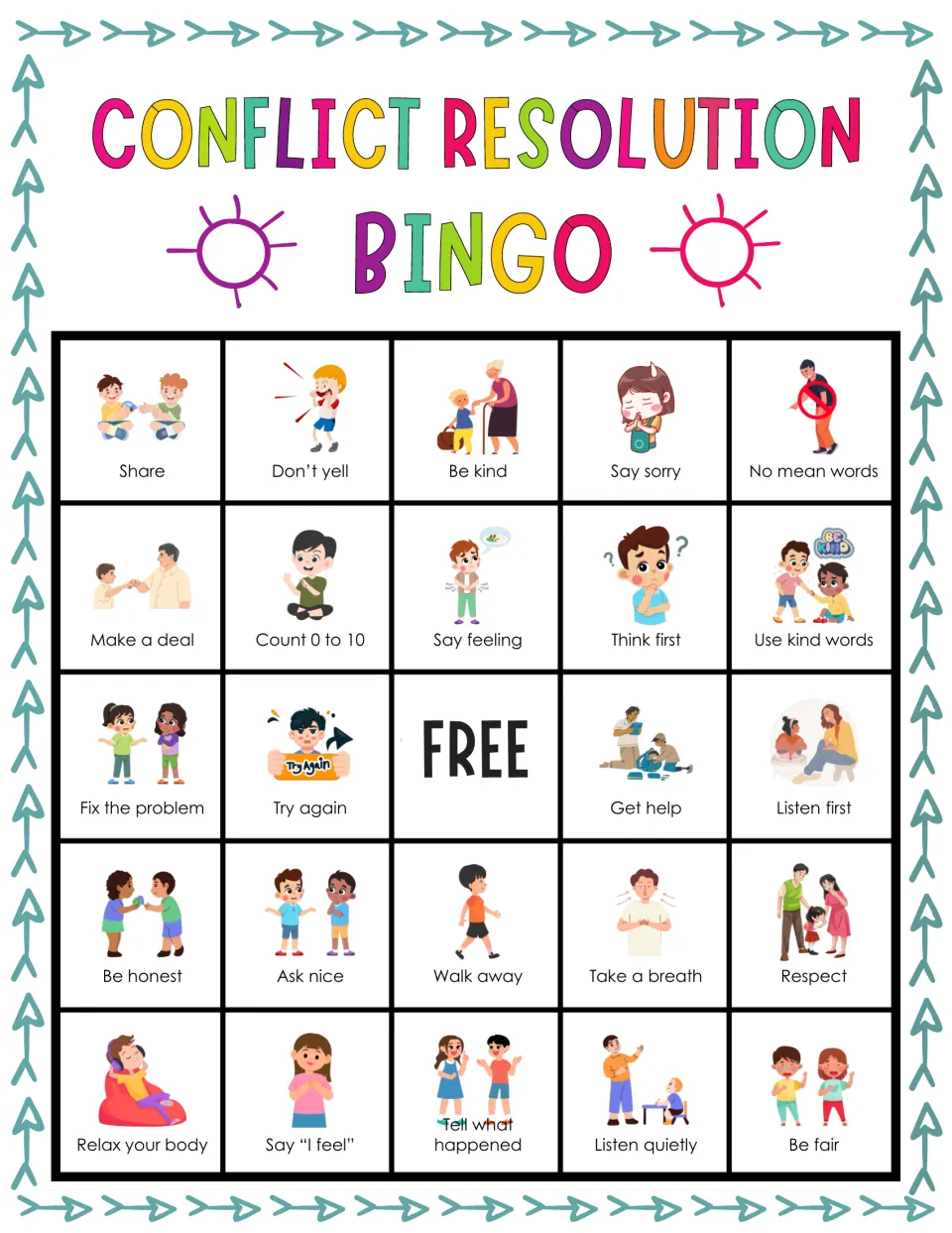 Peer conflict bingo board: students mark pictured choices like Share, Don't yell, Be kind, Say sorry and No mean words