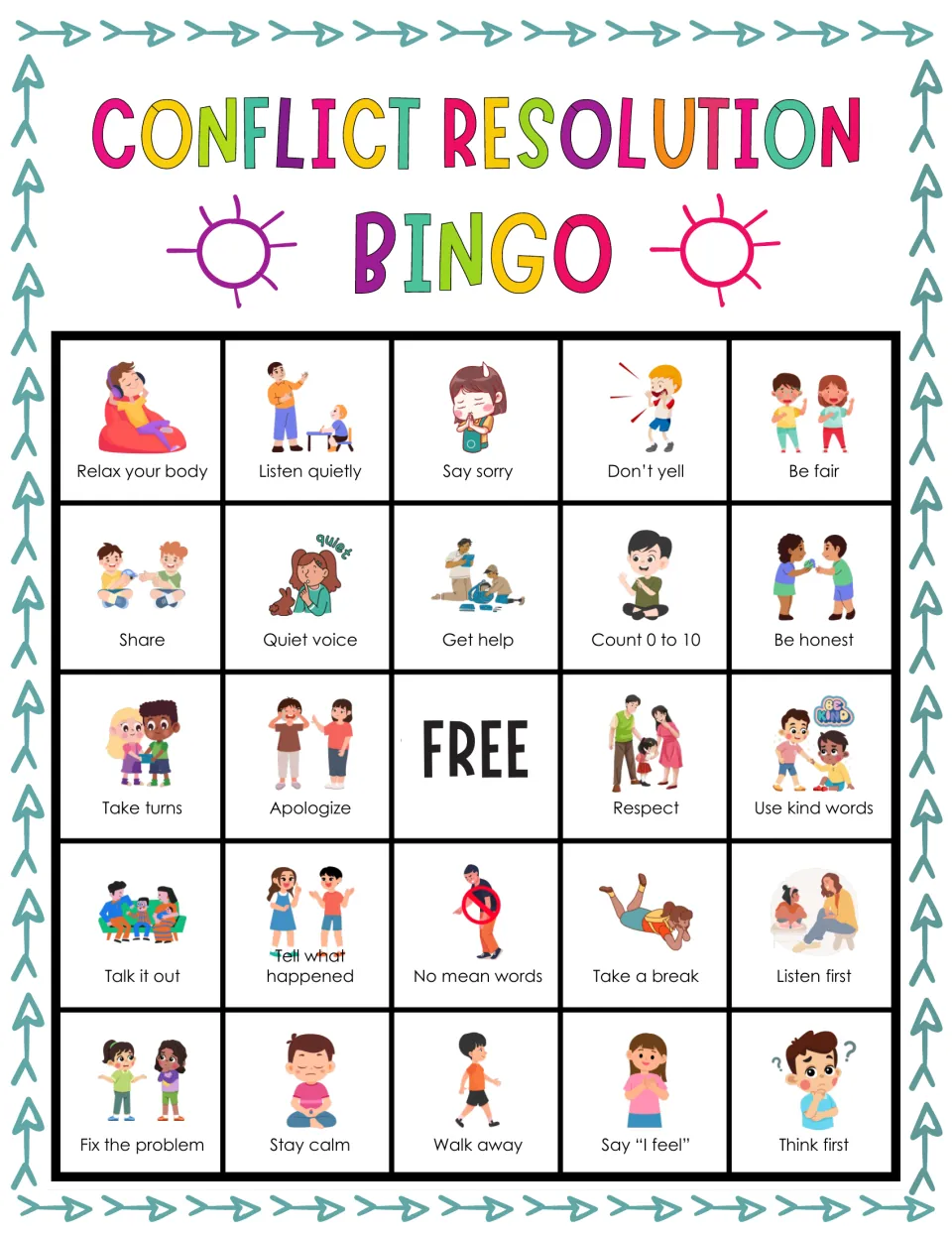 Final bingo card of conflict strategies; students mark Relax your body, Listen quietly, Say sorry, Don't yell and Be fair