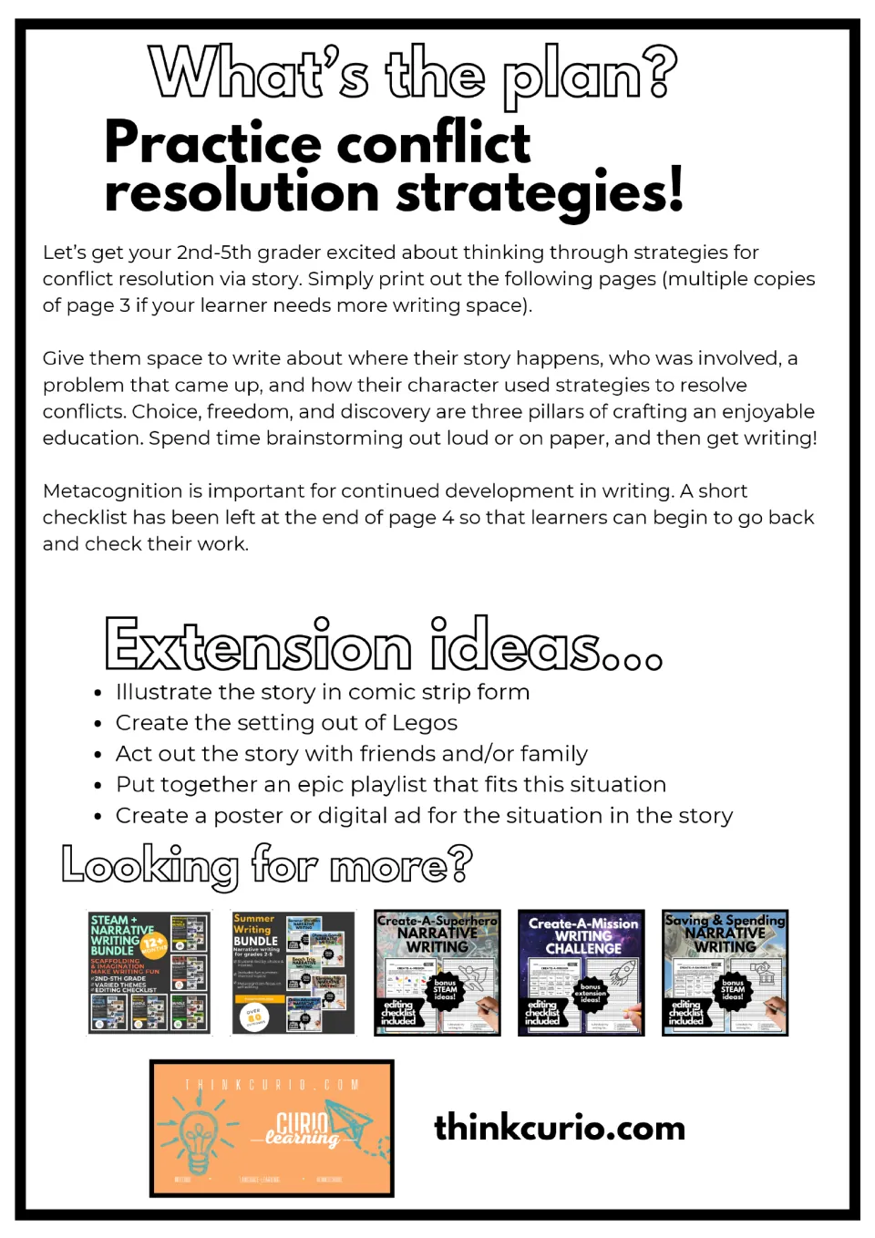 Teacher plan for practicing conflict resolution through story writing, with five extension ideas such as a comic strip