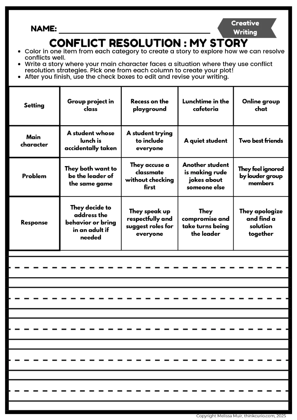 Conflict Resolution: My Story, students pick a setting, character, problem and response, then begin writing their story