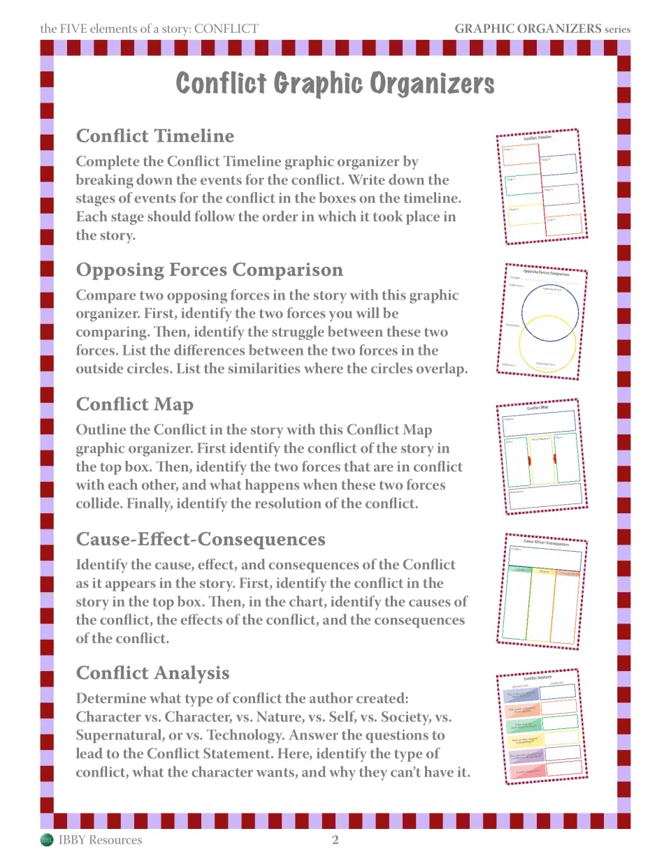 Directions for five organizers: timeline, opposing forces, conflict map, cause-effect-consequences and conflict analysis