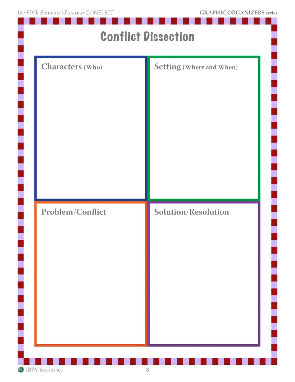 Conflict Dissection: students record a story's characters, setting, problem or conflict, and solution or resolution
