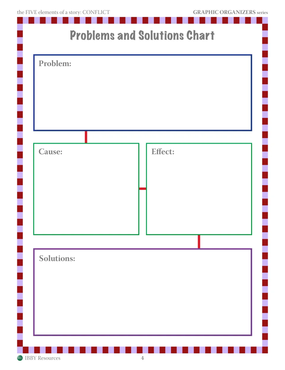 Problems and Solutions Chart: students name a story problem, its cause and effect, then list possible solutions