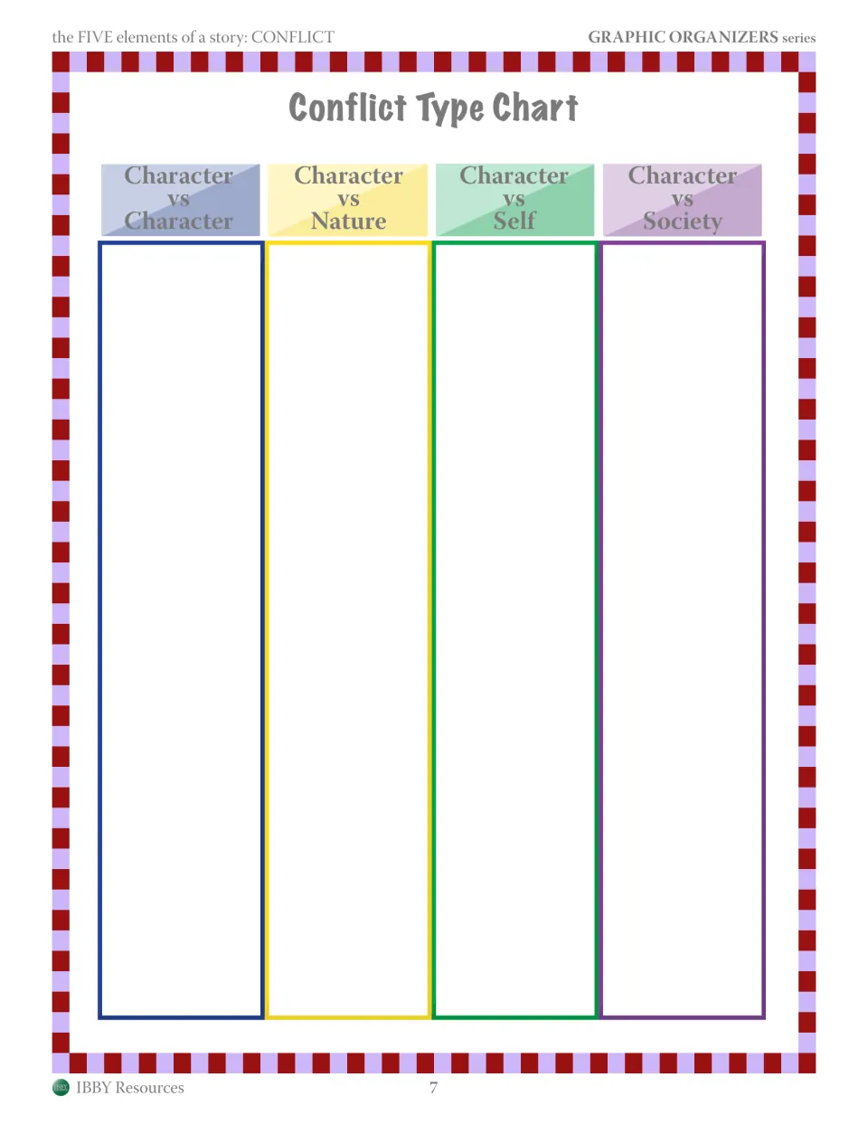 Conflict Type Chart: students find story examples of character vs character, nature, self and society