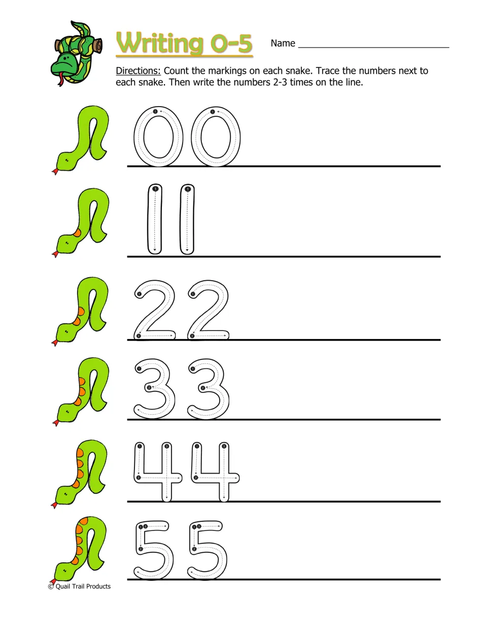 Number-writing practice for 0–5: count snake markings, trace each numeral twice, and write it independently