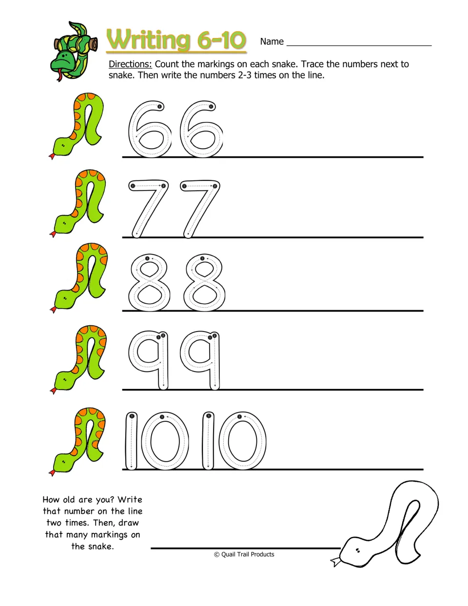 Number-writing practice for 6–10: count snake markings, trace numbers, and draw markings to match your age