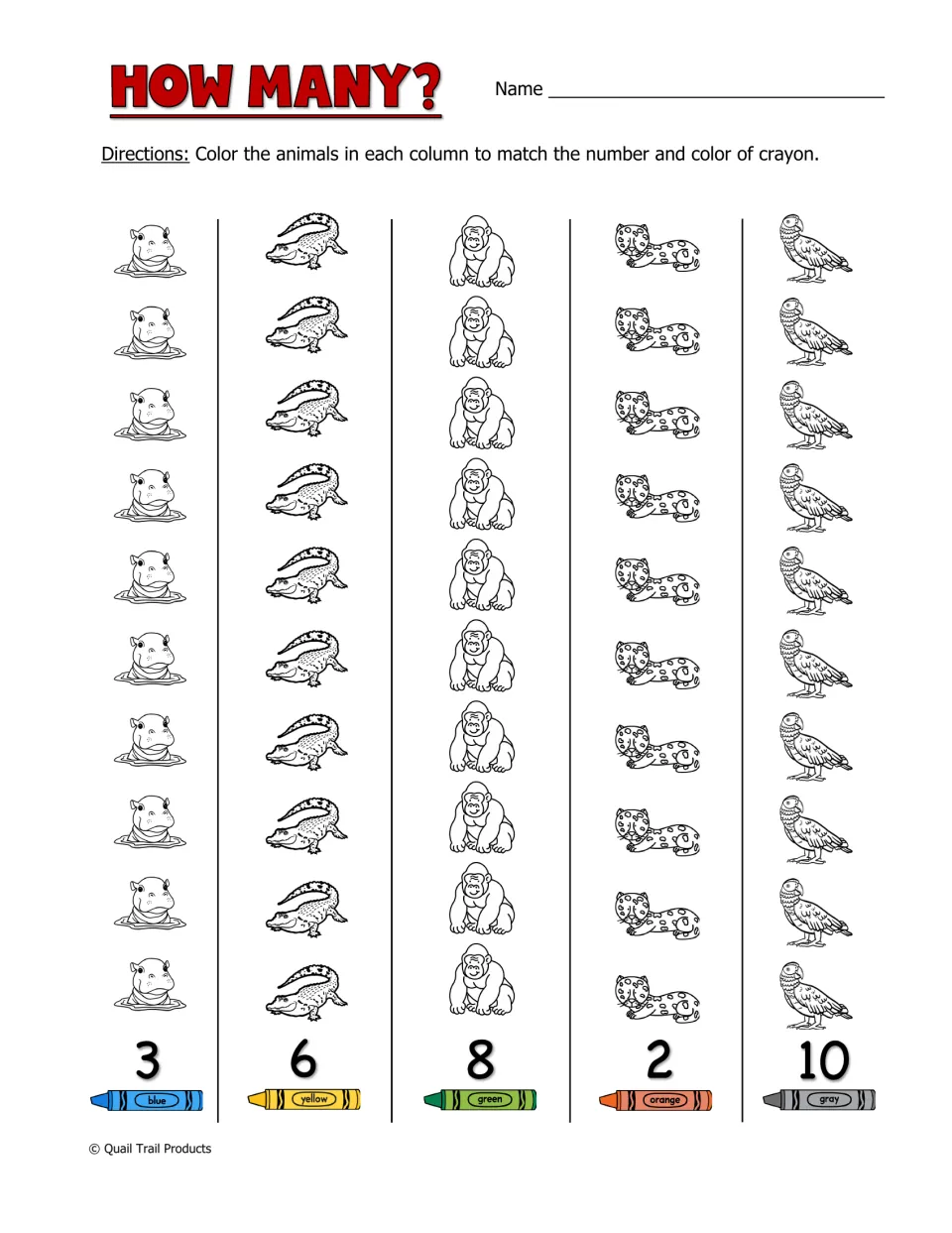 How Many? counting practice: color 3 hippos blue, 6 crocodiles yellow, 8 gorillas green, and two more sets