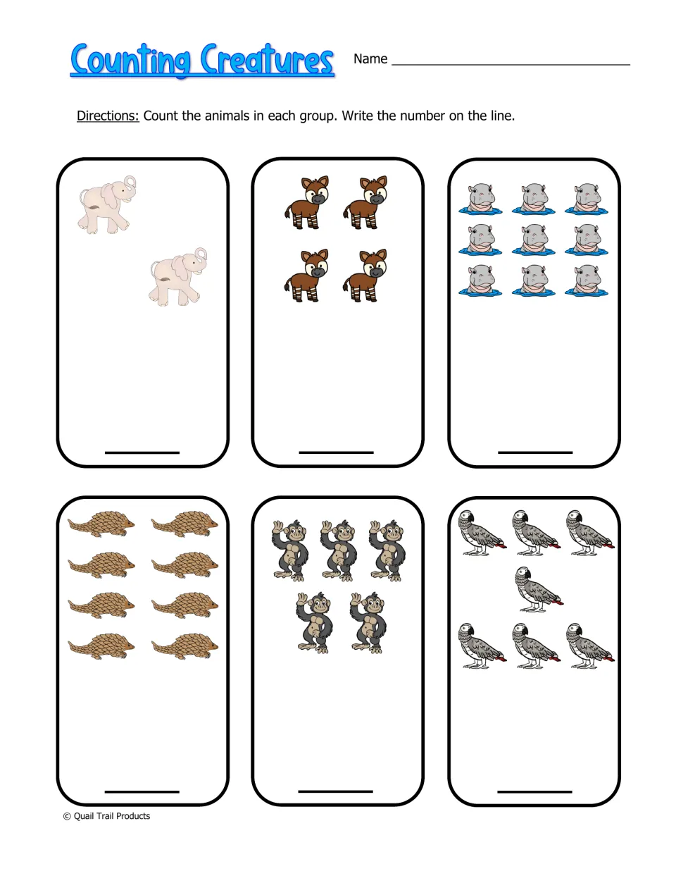 Counting Creatures practice: count six animal groups, including elephants, hippos, and monkeys, and write totals