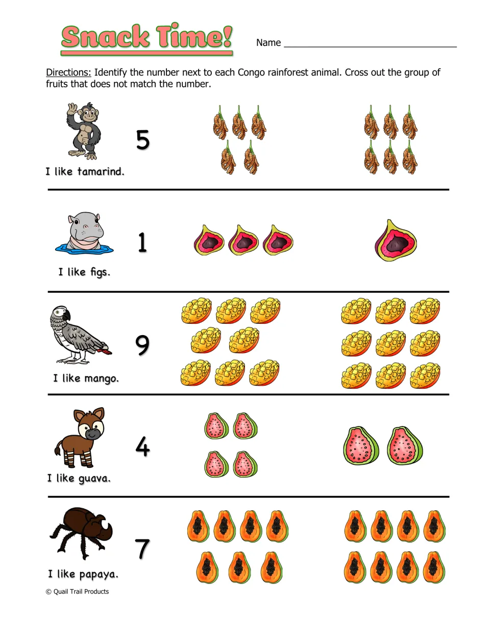 Snack Time! number-matching practice: cross out fruit groups that do not match the numbers 5, 1, 9, 4, and 7