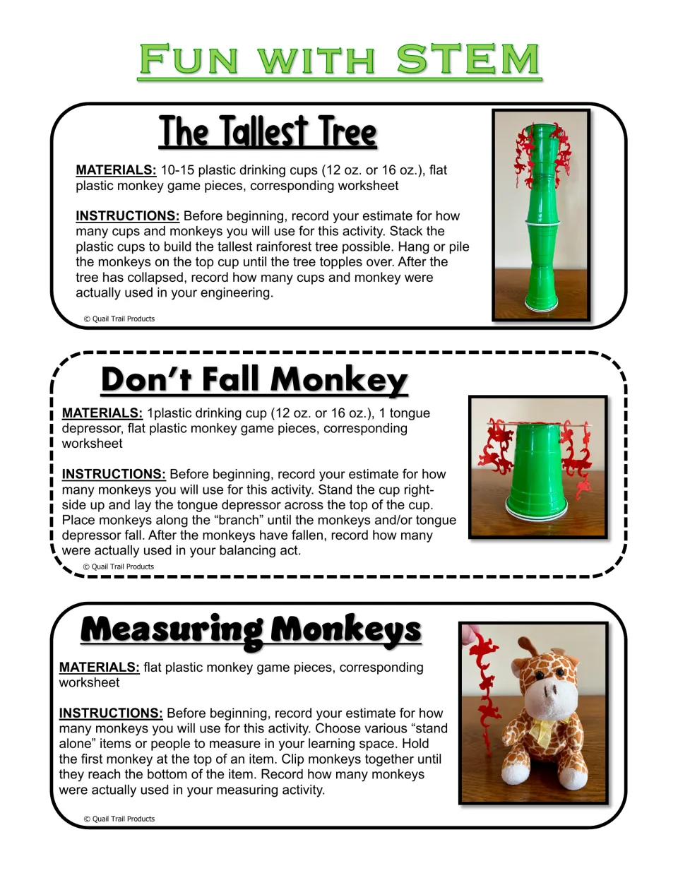 STEM activity instructions for The Tallest Tree, Don’t Fall Monkey, and Measuring Monkeys, with materials
