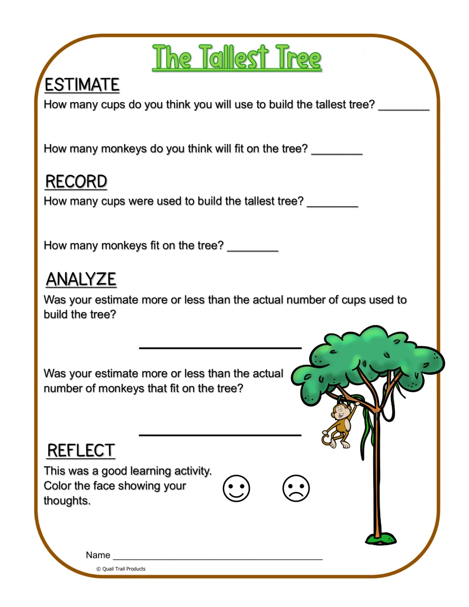 The Tallest Tree recording sheet: estimate and record cup and monkey totals, compare results, and reflect