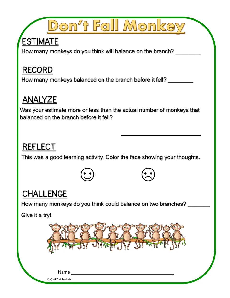 Don’t Fall Monkey recording sheet: estimate and count balancing monkeys, compare results, and try two branches