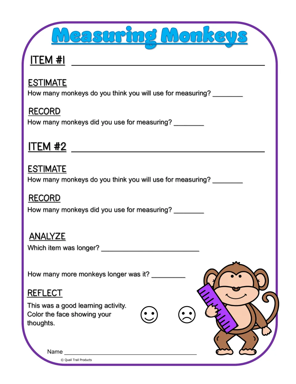 Measuring Monkeys recording sheet: estimate and measure two items in monkey units, then compare their lengths