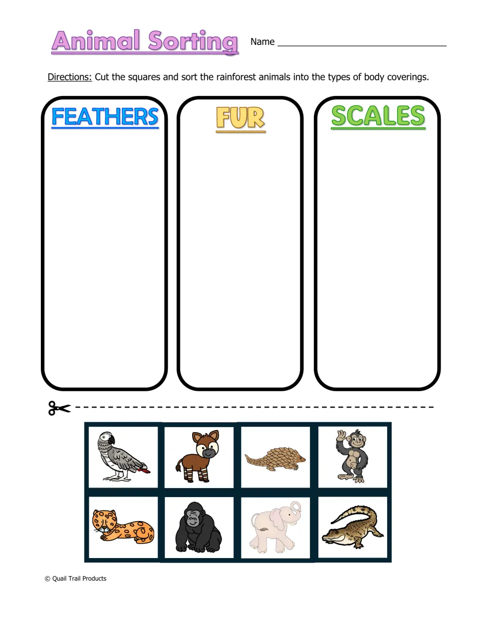 Animal Sorting cut-and-sort practice: classify eight rainforest animal pictures by feathers, fur, or scales