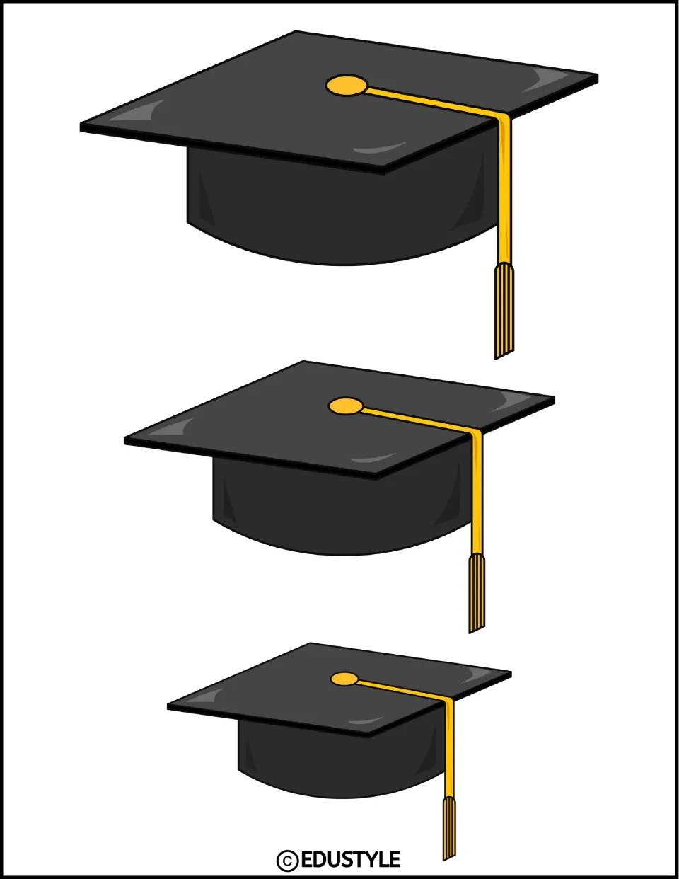Graduation display cutouts: three black caps in decreasing sizes, each with a gold tassel on the right