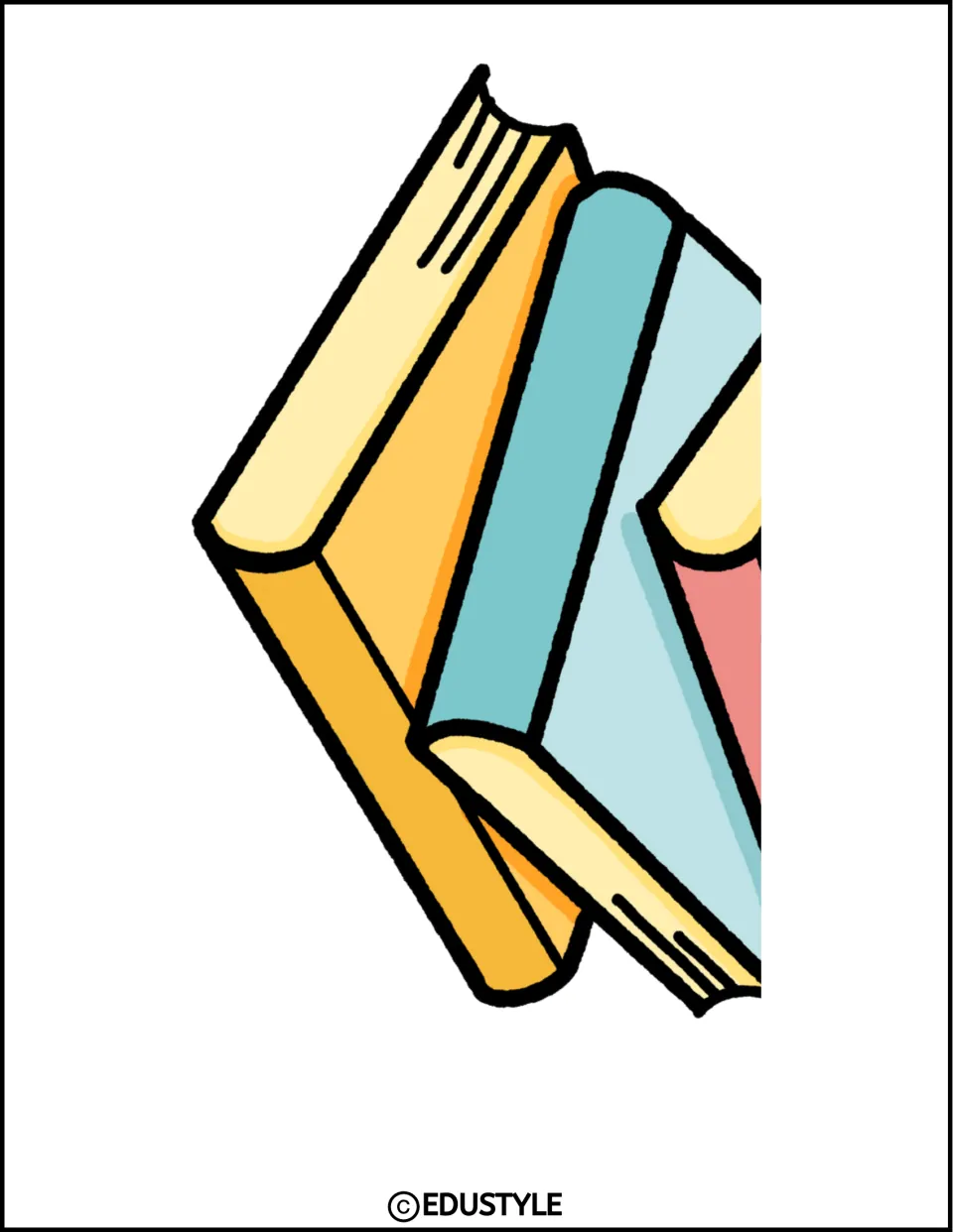 Enlarged graduation display graphic section showing yellow and teal books, plus part of a coral book