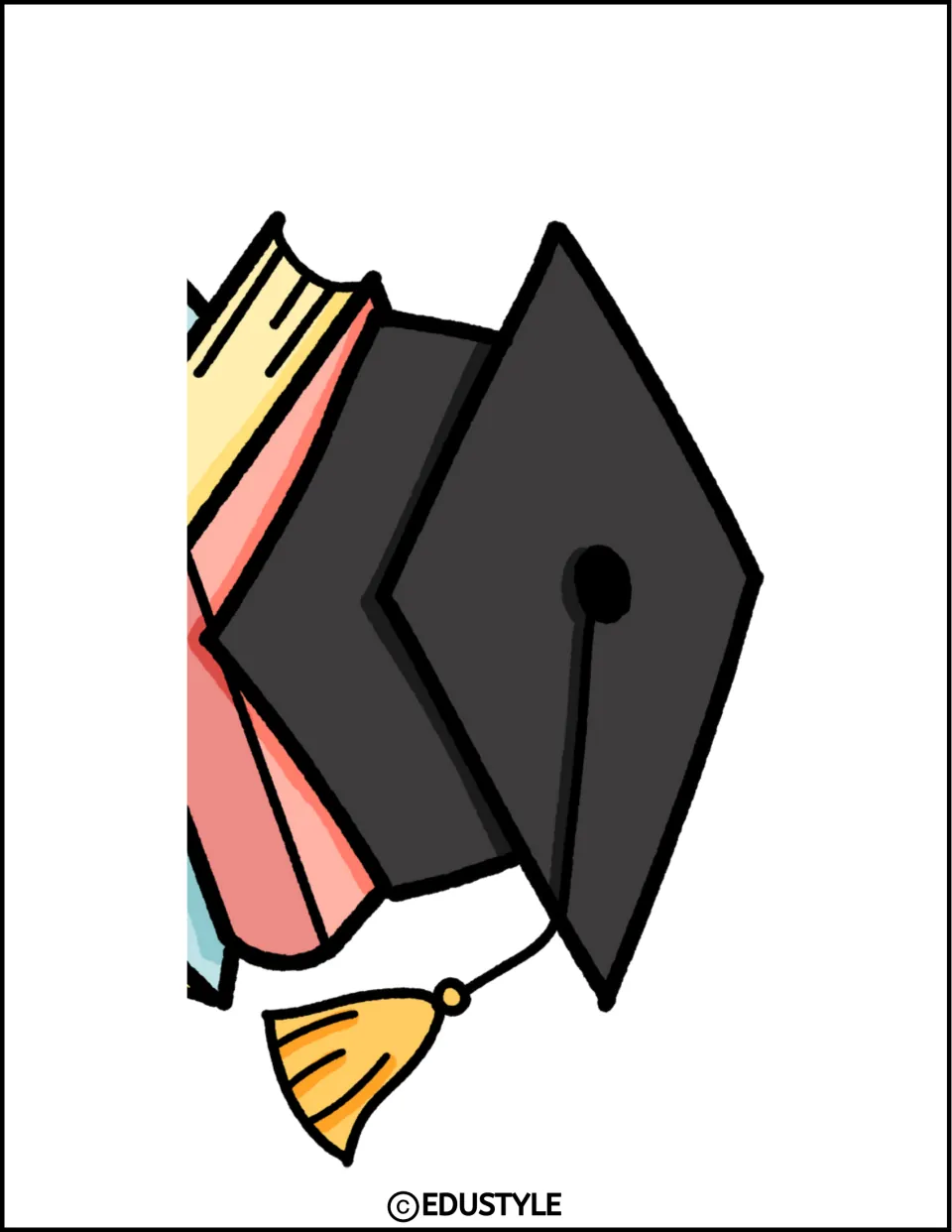 Enlarged graduation display graphic section showing a black cap with a gold tassel and parts of books