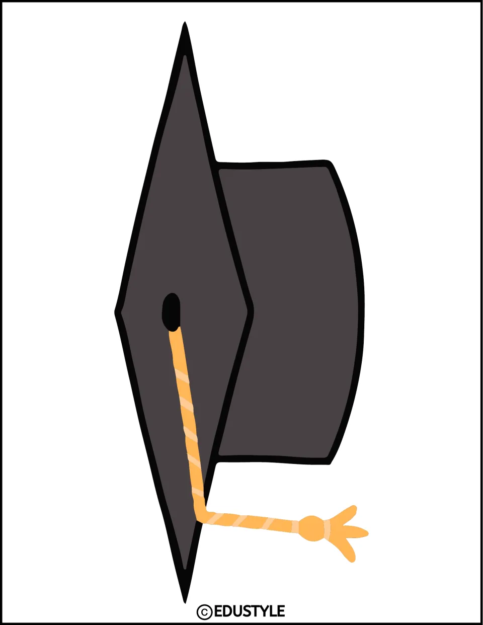 Sideways graduation cap cut-out: a gray mortarboard turned on its side with the orange tassel trailing toward the right