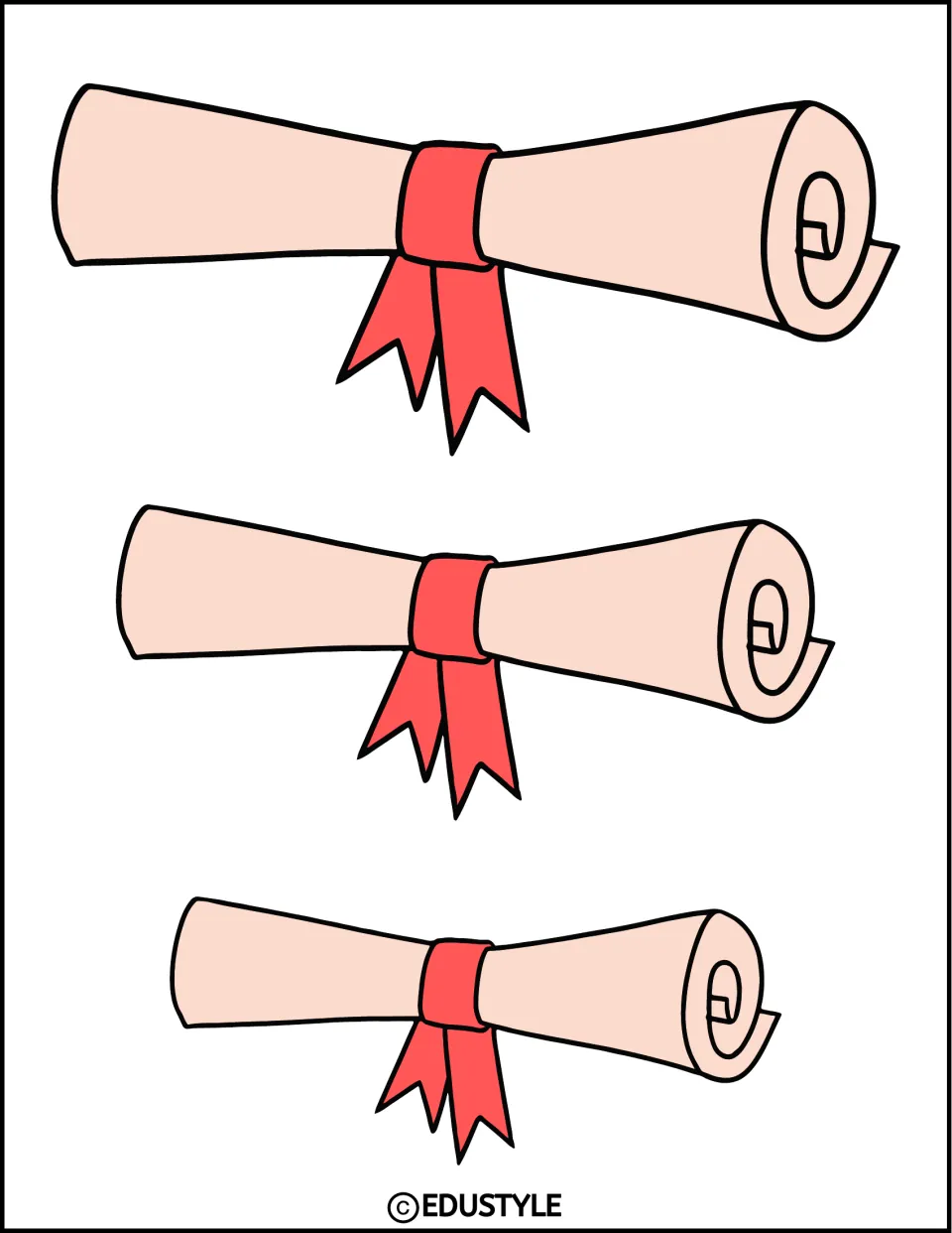 Diploma decorations: three horizontal rolled diploma scrolls in decreasing sizes, each tied with a red ribbon, to cut out