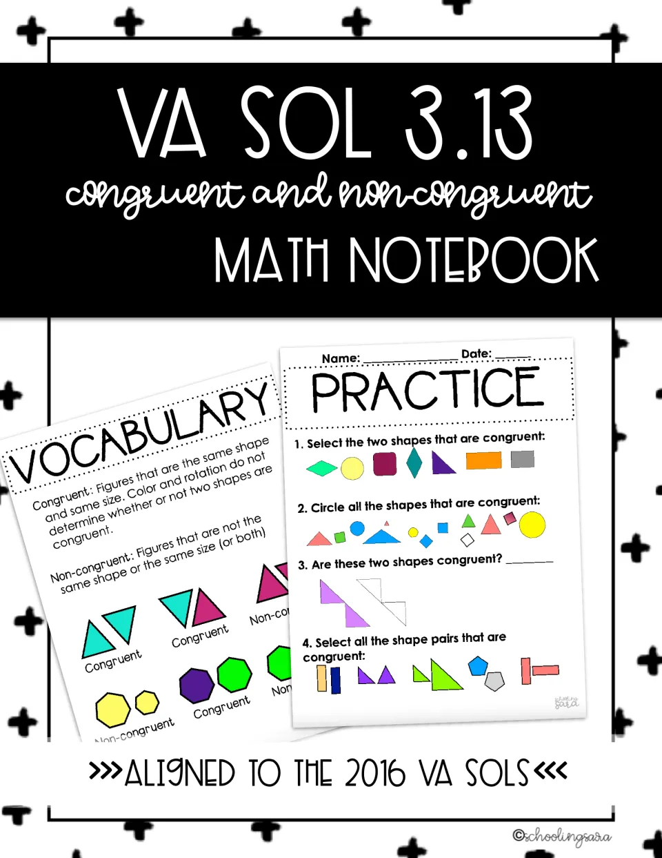 VA SOL 3.13 congruent and non-congruent math notebook cover previewing a vocabulary page and a shape practice sheet