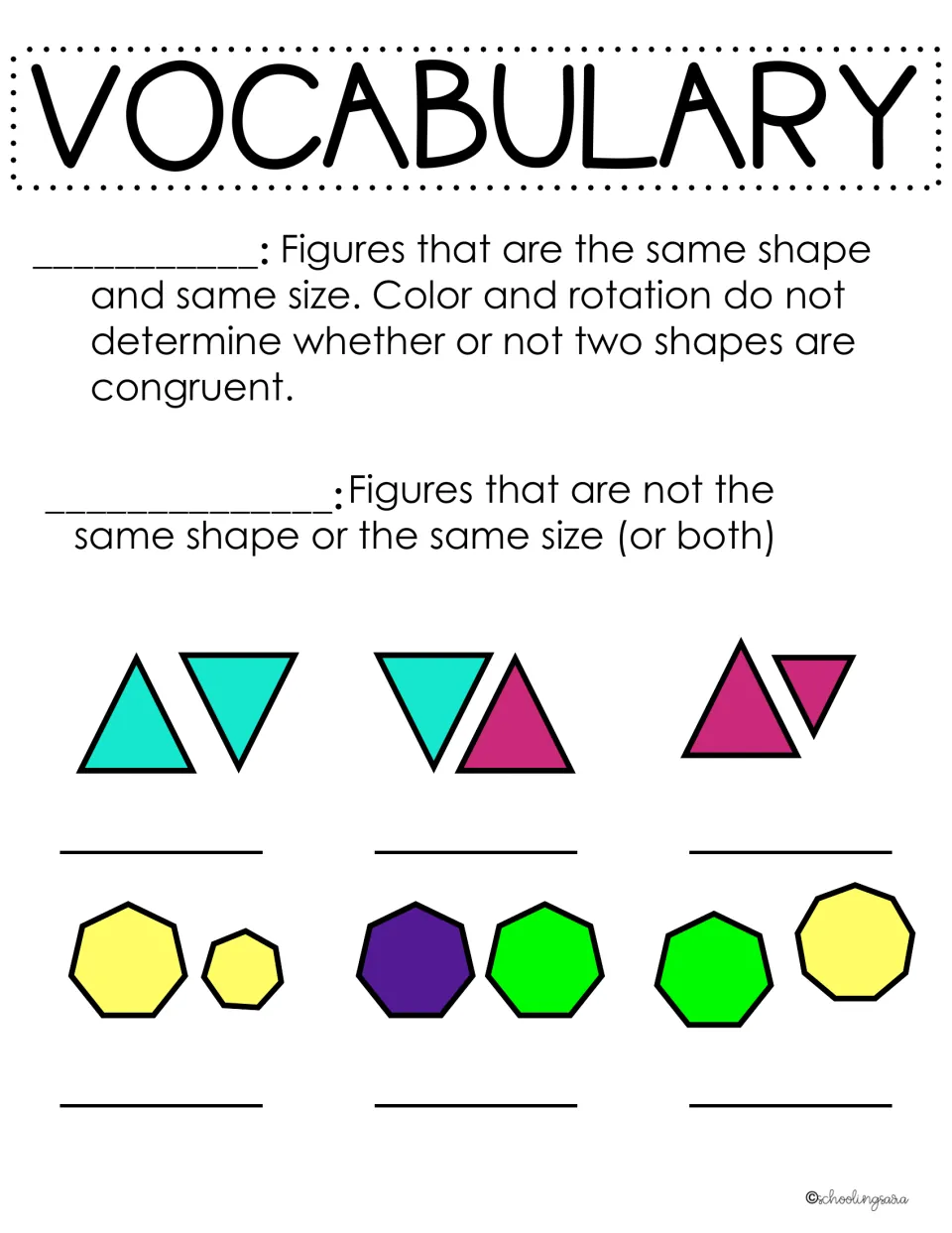 Fill-in vocabulary notes: students write congruent or non-congruent in the definition blanks and label six pairs of shapes