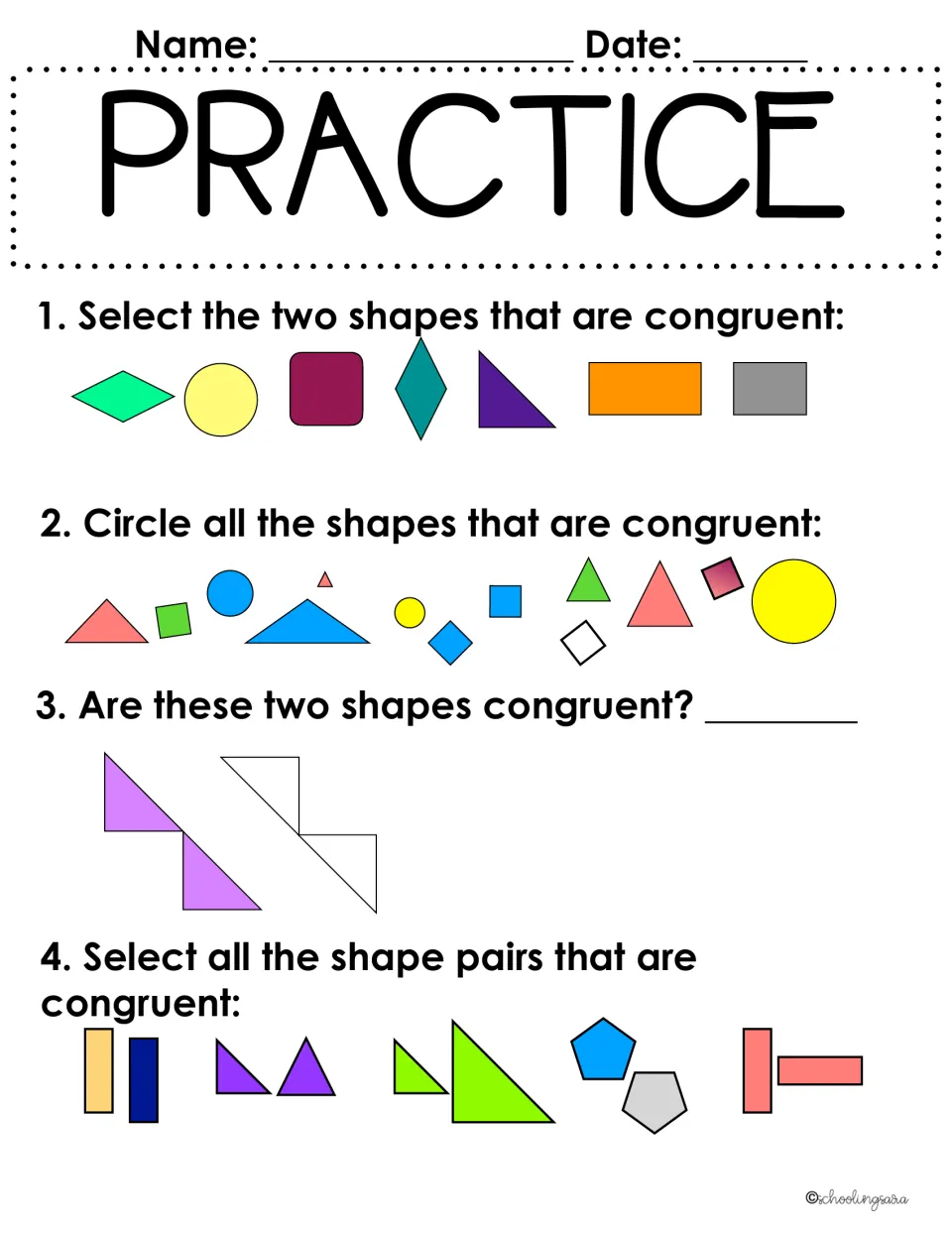 Congruent shapes practice: students select, circle and identify matching figures in four questions on same size and shape