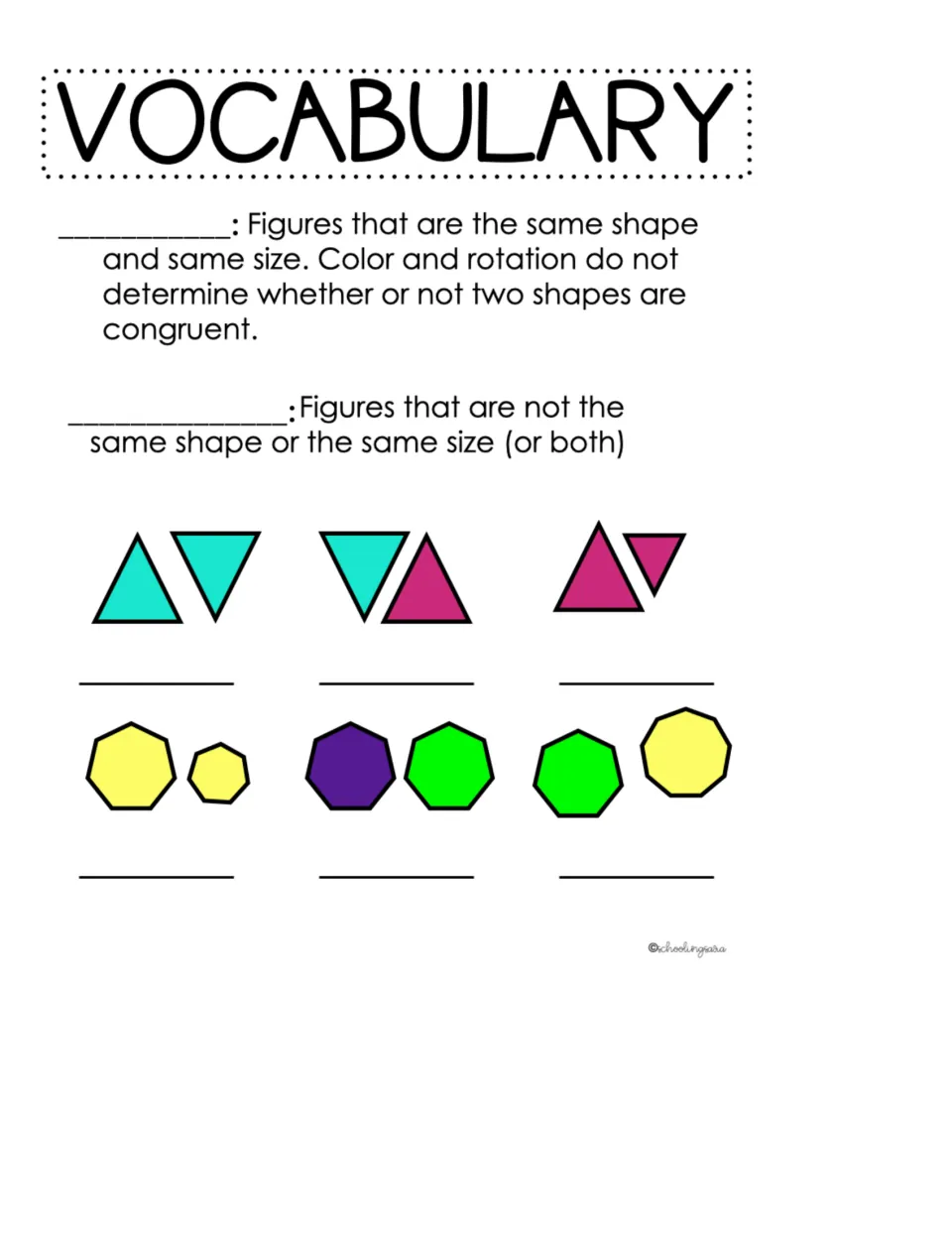 Notebook-sized blank vocabulary notes: students fill in both terms and write a label under each of six shape pairs