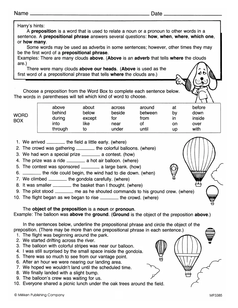 Prepositions with hot air balloons: students fill blanks from a word box, then underline phrases and circle each object
