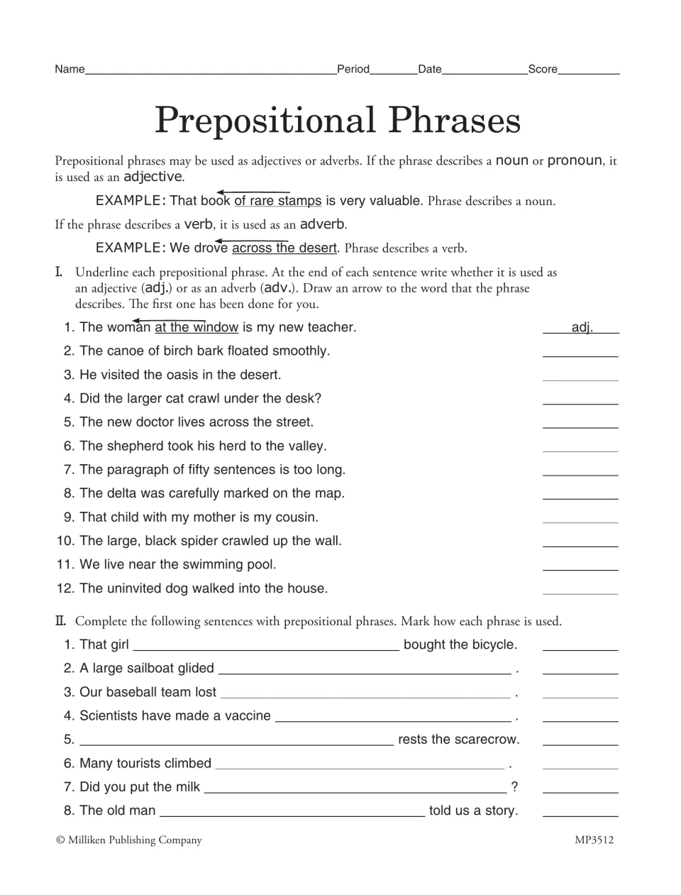 Prepositional phrases as adjectives or adverbs: students label 12 phrases, draw arrows, then complete 8 sentences