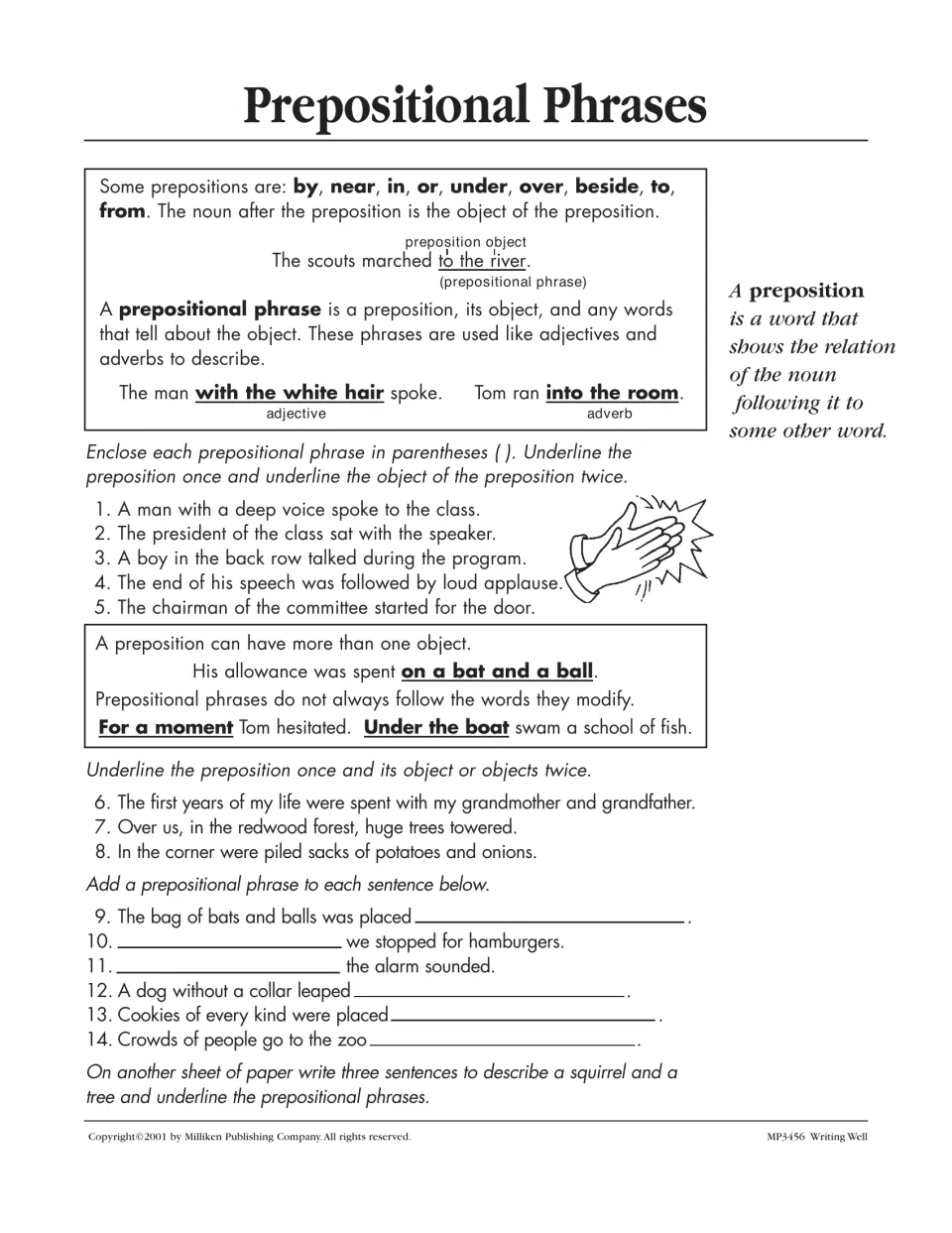 Prepositional phrases: students mark each preposition and its object, then add phrases and write about a squirrel