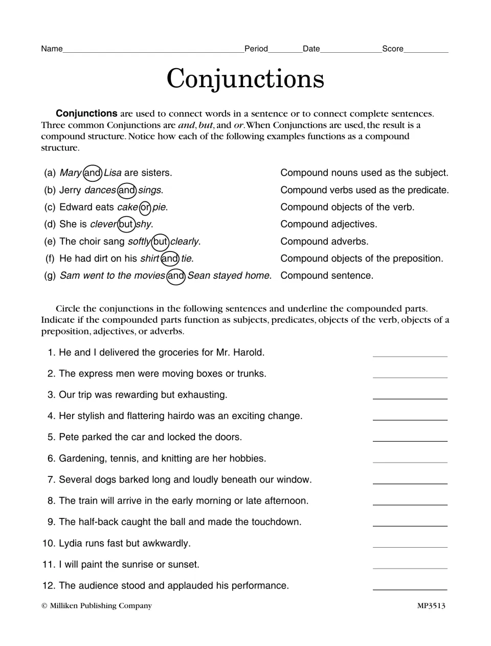 Conjunctions in compound structures: students circle each conjunction in 12 sentences and name the compounded parts