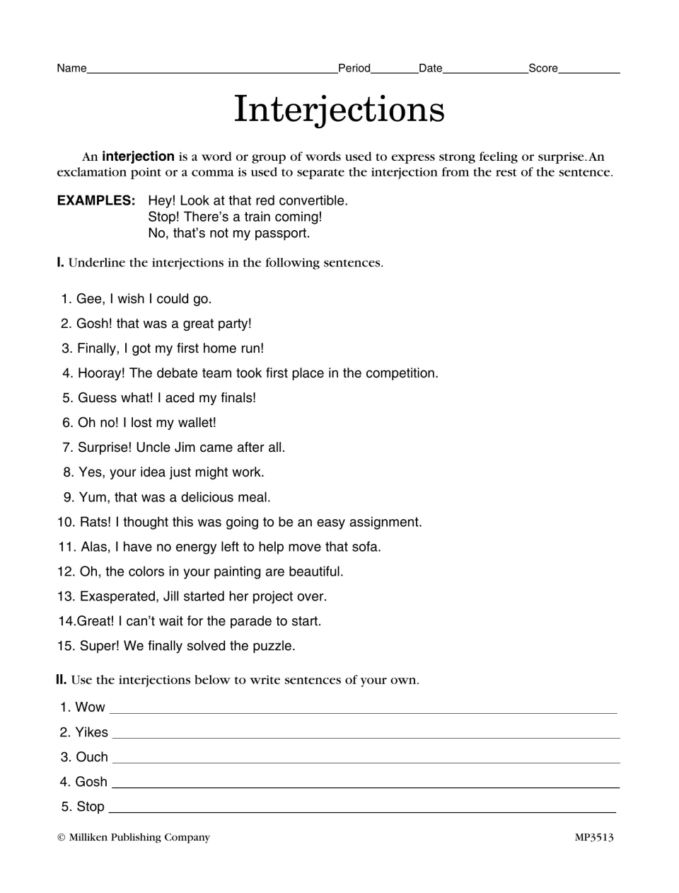 Interjections: students underline the interjection in 15 sentences, then write sentences with five given interjections