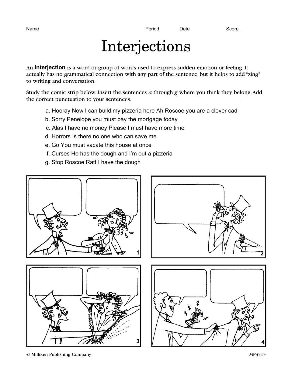 Interjections comic strip: students place sentences a to g in four panels' speech bubbles and add the punctuation