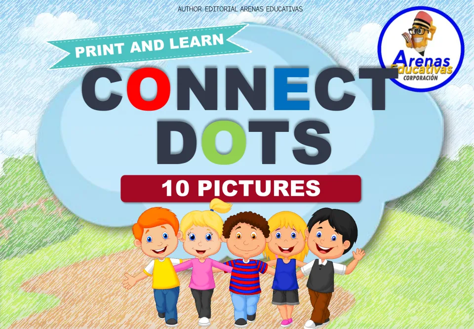 Cover: Connect Dots, 10 Pictures by Editorial Arenas Educativas, with a Print and Learn banner and five smiling children