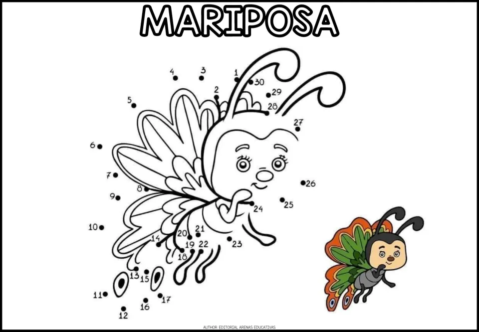 MARIPOSA dot-to-dot: students join dots 1 to 30 to finish a smiling butterfly, with a colored butterfly as a model
