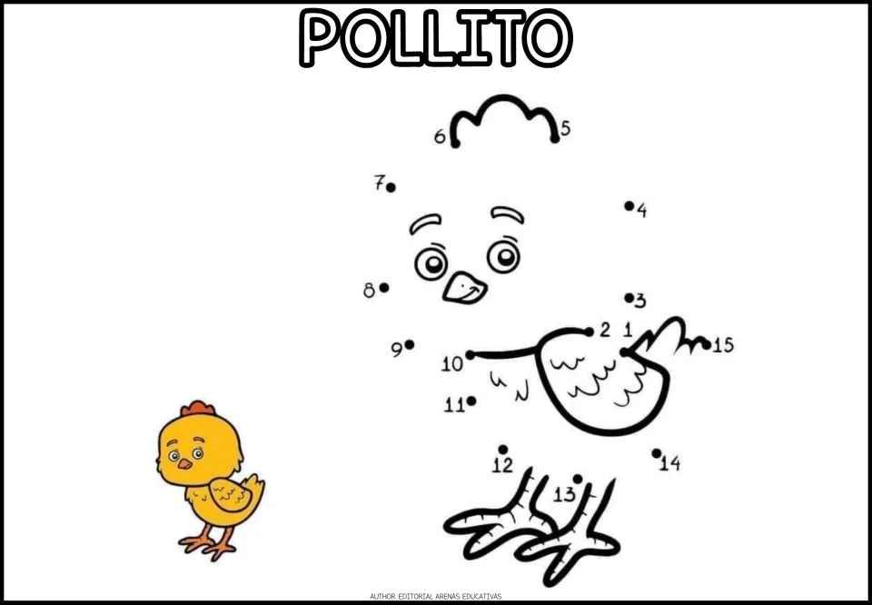 POLLITO dot-to-dot: students connect dots 1 to 15 to complete a baby chick, with a yellow colored chick shown beside it
