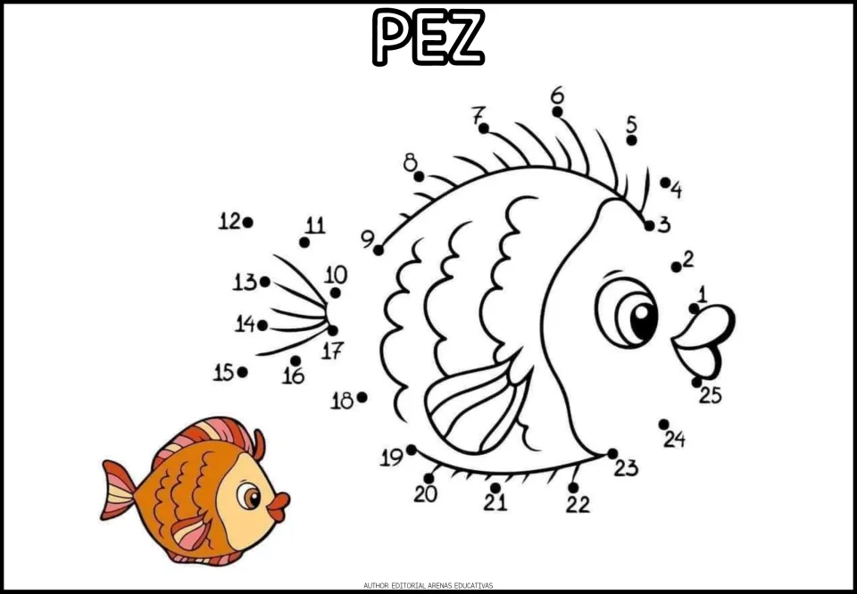 PEZ dot-to-dot: students connect dots 1 to 25 to outline a fish with fins and a tail, next to an orange colored fish